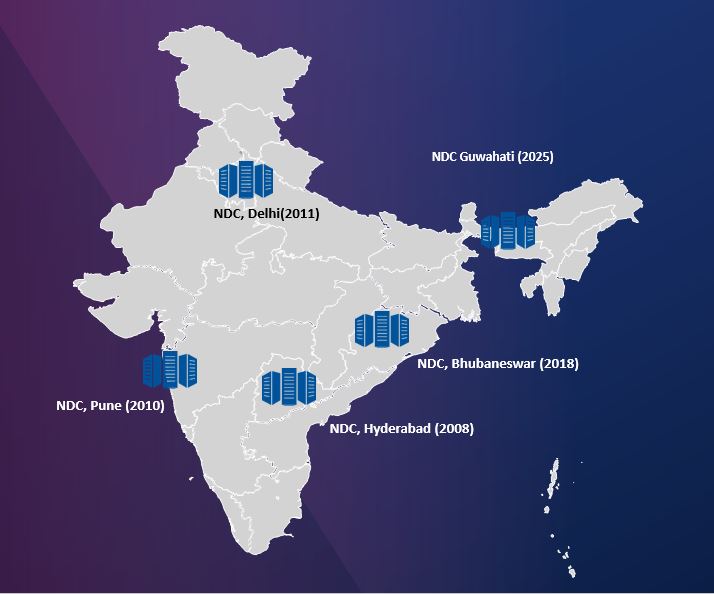 Attached NDC locations map showing Delhi, Guwahati, Bhubaneswar, Pune, and Hyderabad